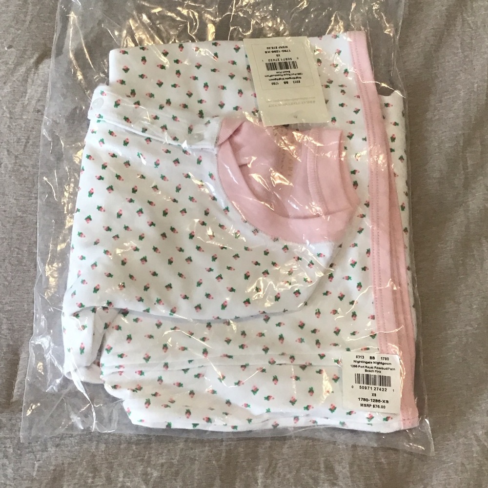 The Beaufort Bonnet Company White Floral Pink Trim 100% Pima Cotton nightgown xs